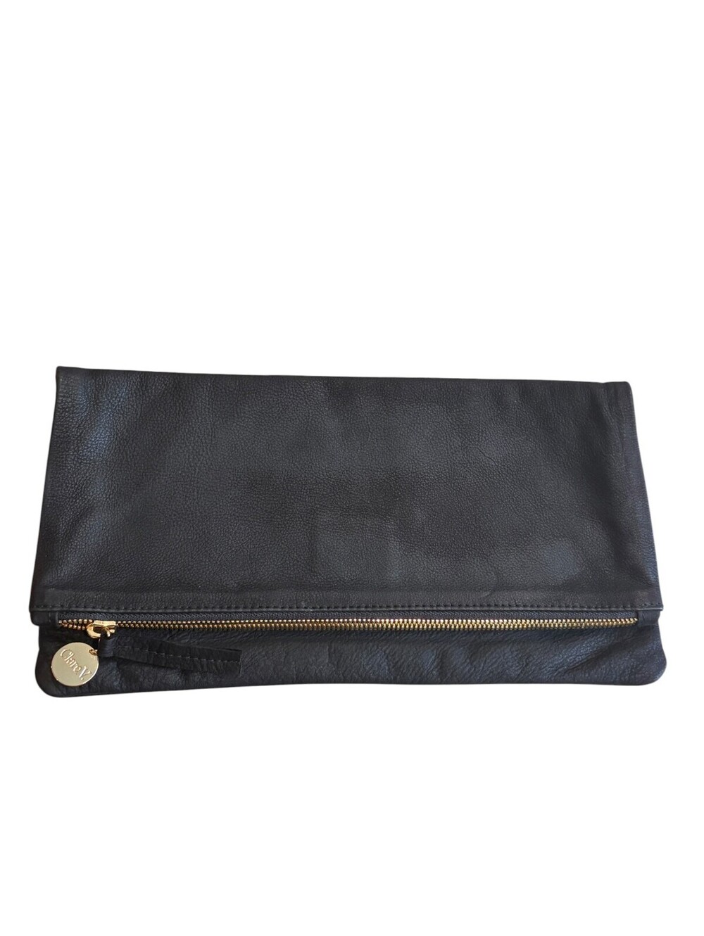 Clare V. Foldover Clutch Black Pebbled Leather Gold Zip